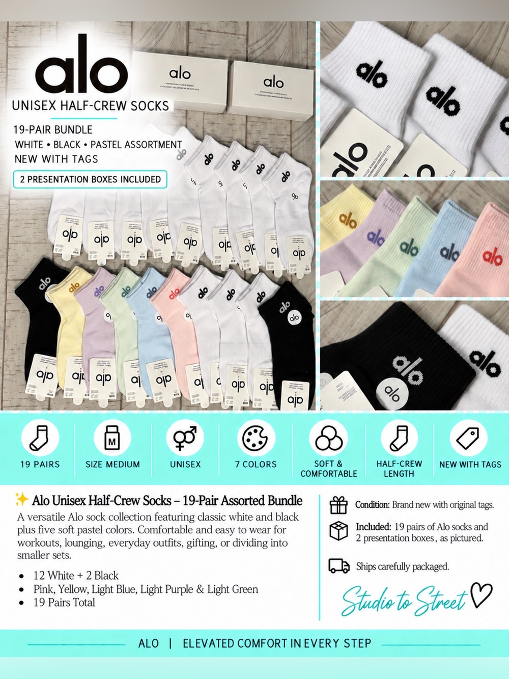 Alo Yoga Unisex Half-Crew Socks 19-Pair Bundle Size Medium